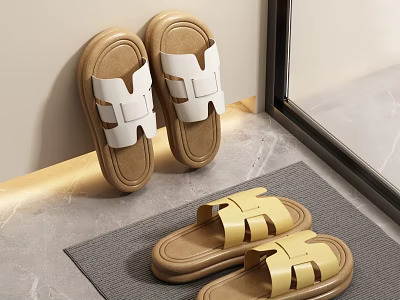 Comfortable Thick Sole Casual Sandals In White And Beige With Simple Straps 3d model