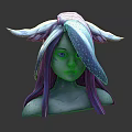 3D Fantasy Character Bust Design With White Blue Hair Wing Like Horns And Purple Eyes