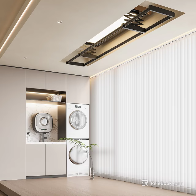 Modern Clothes Hanger in Stylish Laundry Room with Washing Machine Dryer Cabinets and White Blinds 3d model 