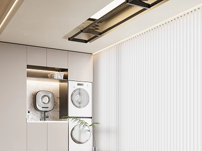 Modern Clothes Hanger in Stylish Laundry Room with Washing Machine Dryer Cabinets and White Blinds 3d model