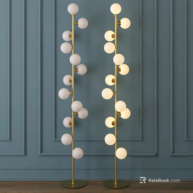 Modern Decorative Floor Lamp With Spherical White Bulbs Gold Stand And Blue Paneled Wall 3d model 