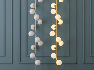 Modern Decorative Floor Lamp With Spherical White Bulbs Gold Stand And Blue Paneled Wall 3d model