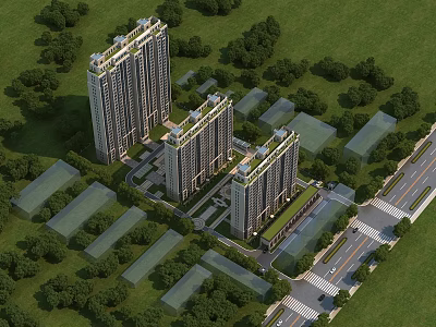 Aerial Planning for Residential Community With High-Rise Buildings Greenery Roads And Open Areas 3d model