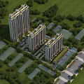 Aerial Planning for Residential Community With High-Rise Buildings Greenery Roads And Open Areas