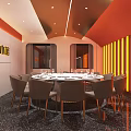 Elegant Private Dining Room With Round Table Orange Walls And Yellow Light Strips 3d model