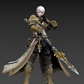 Elegant White Haired Game and Movie Character in Ornate Armor Holding Longsword