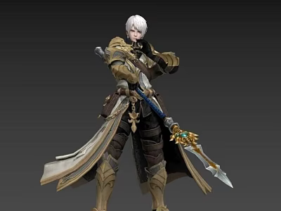 Elegant White Haired Game and Movie Character in Ornate Armor Holding Longsword 3d model