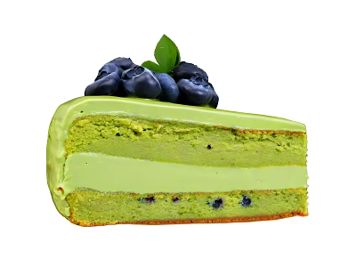 Layered Matcha Cake Topped With Fresh Blueberries And Green Leaf Garnish 3d model
