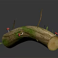 Natural Wooden Log Featuring Bark Texture Green Moss Red Mushrooms And Small Twigs