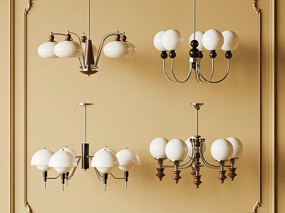 Various Designed Chandeliers With Metal Brackets Wooden Elements And White Spherical Bulbs On Beige Wall 3d model