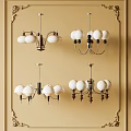 Various Designed Chandeliers With Metal Brackets Wooden Elements And White Spherical Bulbs On Beige Wall