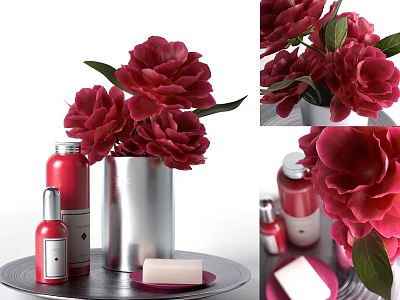 Elegant Bathroom Accessories With Red Flowers Red Bottles Silver Vase And Soap 3d model