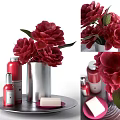 Elegant Bathroom Accessories With Red Flowers Red Bottles Silver Vase And Soap