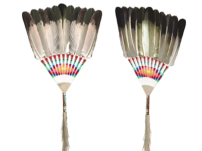 Feather Fans With Black And White Feathers Colorful Handle And Tassels 3d model