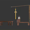Traditional Wooden Street Stall With Tiled Roof And Side Hanging Items Plus Two Benches