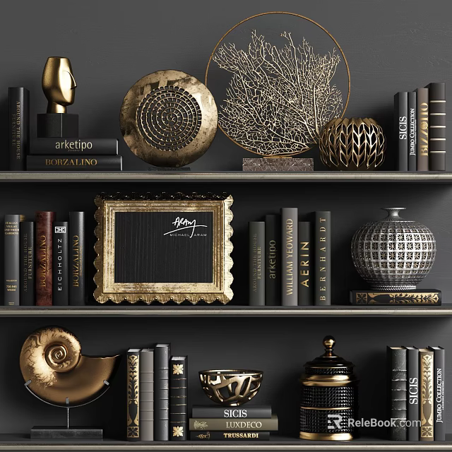 Elegant Decorative Ornament Set With Golden Leaf Decor Books And Picture Frame On Dark Bookshelf 3d model 