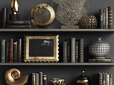 Elegant Decorative Ornament Set With Golden Leaf Decor Books And Picture Frame On Dark Bookshelf 3d model