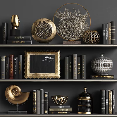 Elegant Decorative Ornament Set With Golden Leaf Decor Books And Picture Frame On Dark Bookshelf 3d model