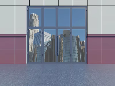 Glass Door With Metal Frame Reflecting Tall City Buildings On Wall And Floor 3d model