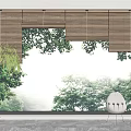 Wooden Window Blinds in Modern Interior with Green Trees Outside Indoor Plant and White Chair