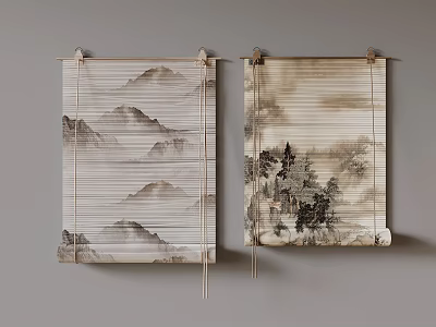 Chinese Style Bamboo Roller Blinds With Landscape Painting For Home Decoration 3d model