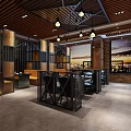 Modern Chinese Restaurant Interior With Wooden Ceiling Lanterns Blue Seats Black Partitions Marble Dining Tables