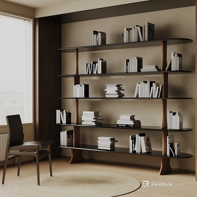 Modern Wooden Bookshelf with Multiple Shelves Stacked Books Near Window and Chair in Room 3d model 