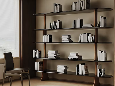 Modern Wooden Bookshelf with Multiple Shelves Stacked Books Near Window and Chair in Room 3d model