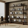 Modern Wooden Bookshelf with Multiple Shelves Stacked Books Near Window and Chair in Room