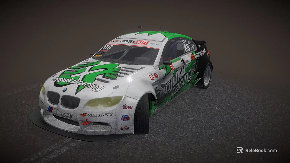 White And Green BMW Race Car With Sponsor Logos On Track 3d model 