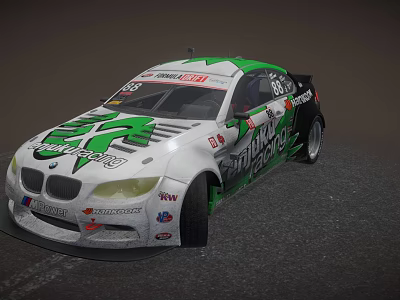 White And Green BMW Race Car With Sponsor Logos On Track 3d model