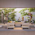 Japanese Zen Indoor Landscape With Bamboo Pine Tree Stone Lantern And Tea Table