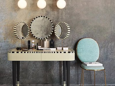 Dressing Table with Three Round Mirrors Three Globe Lights Light Blue Chair and Cosmetic Bottles 3d model