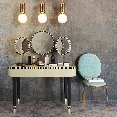 Dressing Table with Three Round Mirrors Three Globe Lights Light Blue Chair and Cosmetic Bottles 3d model