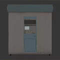Small Blue Kiosk With Glass Front And Items Displayed Inside Sign On Top
