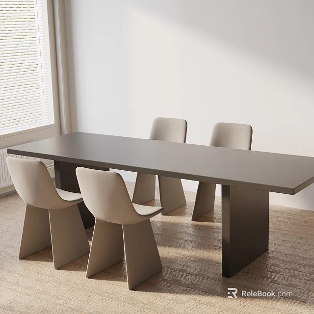 Minimalist Dining Table Set with Dark Long Table and Four Beige Chairs on Wooden Floor 3d model 