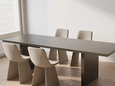 Minimalist Dining Table Set with Dark Long Table and Four Beige Chairs on Wooden Floor 3d model