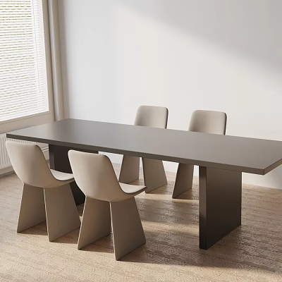 Minimalist Dining Table Set with Dark Long Table and Four Beige Chairs on Wooden Floor 3d model