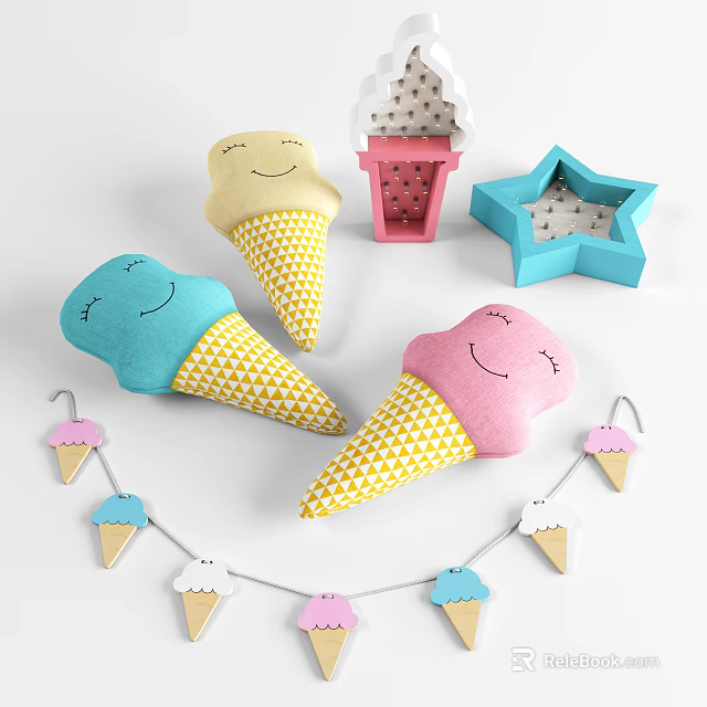 Cute Plush Ice Cream Cone Toys With Smiley Faces And Star Shaped Box Garland 3d model 