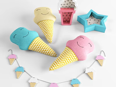 Cute Plush Ice Cream Cone Toys With Smiley Faces And Star Shaped Box Garland 3d model
