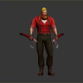 Man With Blonde Hair Red Beard In Red Shirt Holding Two Axes On Grey Background