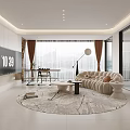 Modern Living Dining Room Interior With Beige Sofa Round Coffee Table And Large Windows
