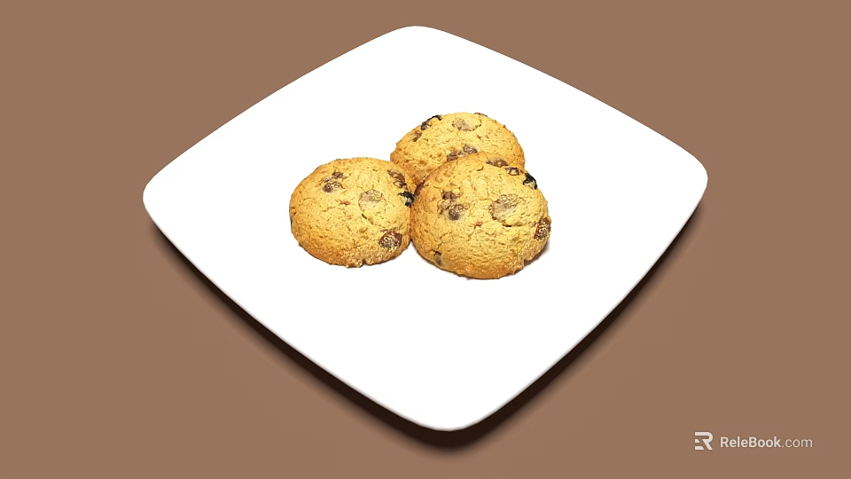 Three Delicious Raisin Cookies on White Square Plate Against Brown Background 3d model 
