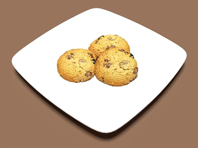 Three Delicious Raisin Cookies on White Square Plate Against Brown Background 3d model