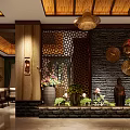 Shop Reception Area Featuring Wooden Ceiling Chandelier Marble Counter Wooden Decor And Marble Floor