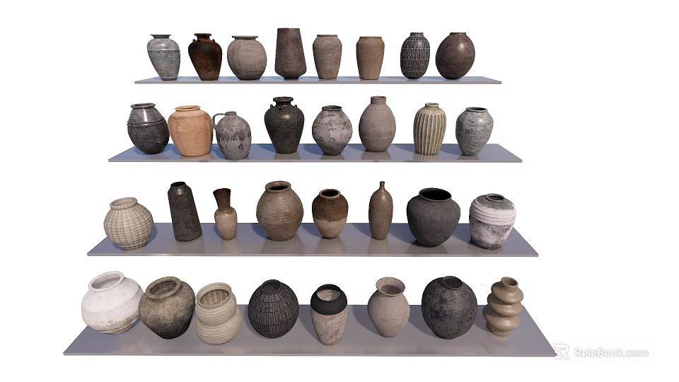 Ceramic Vessels Displayed on Multiple Shelves with Various Shapes and Textures 3d model