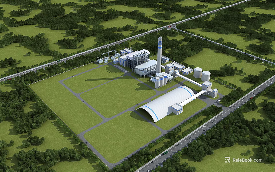 Aerial View of Industrial Plant in Green Fields with Trees Storage Tanks Chimney and Roads 3d model 