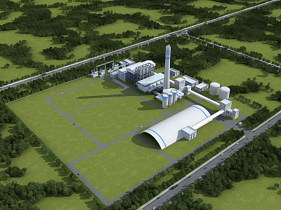 Aerial View of Industrial Plant in Green Fields with Trees Storage Tanks Chimney and Roads 3d model