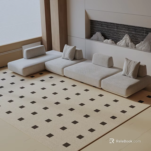 Modern Light Beige Three Seater Sofa with Plush Pillows on Geometric Pattern Living Room Rug 3d model 