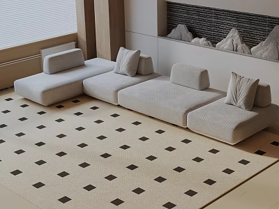 Modern Light Beige Three Seater Sofa with Plush Pillows on Geometric Pattern Living Room Rug 3d model